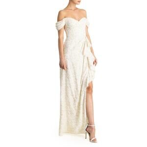 ML MONIQUE LHUILLIER Women's Off-the-Shoulder Metallic Chiffon Gown Beige 4 NWT